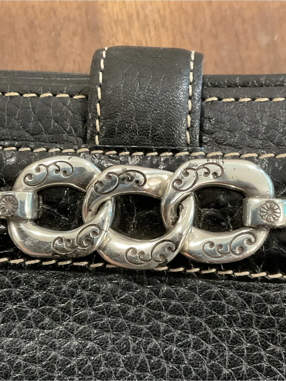 Brighton Black Leather pebble Wallet with Silver Decorative Chain Accent